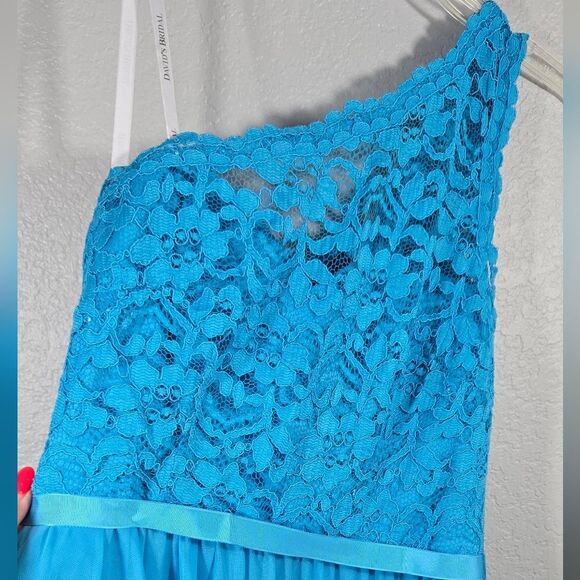 David's Bridal Short One Shoulder Lace Dress Marine Blue Prom Formal Bridesmaid - Picture 3 of 13